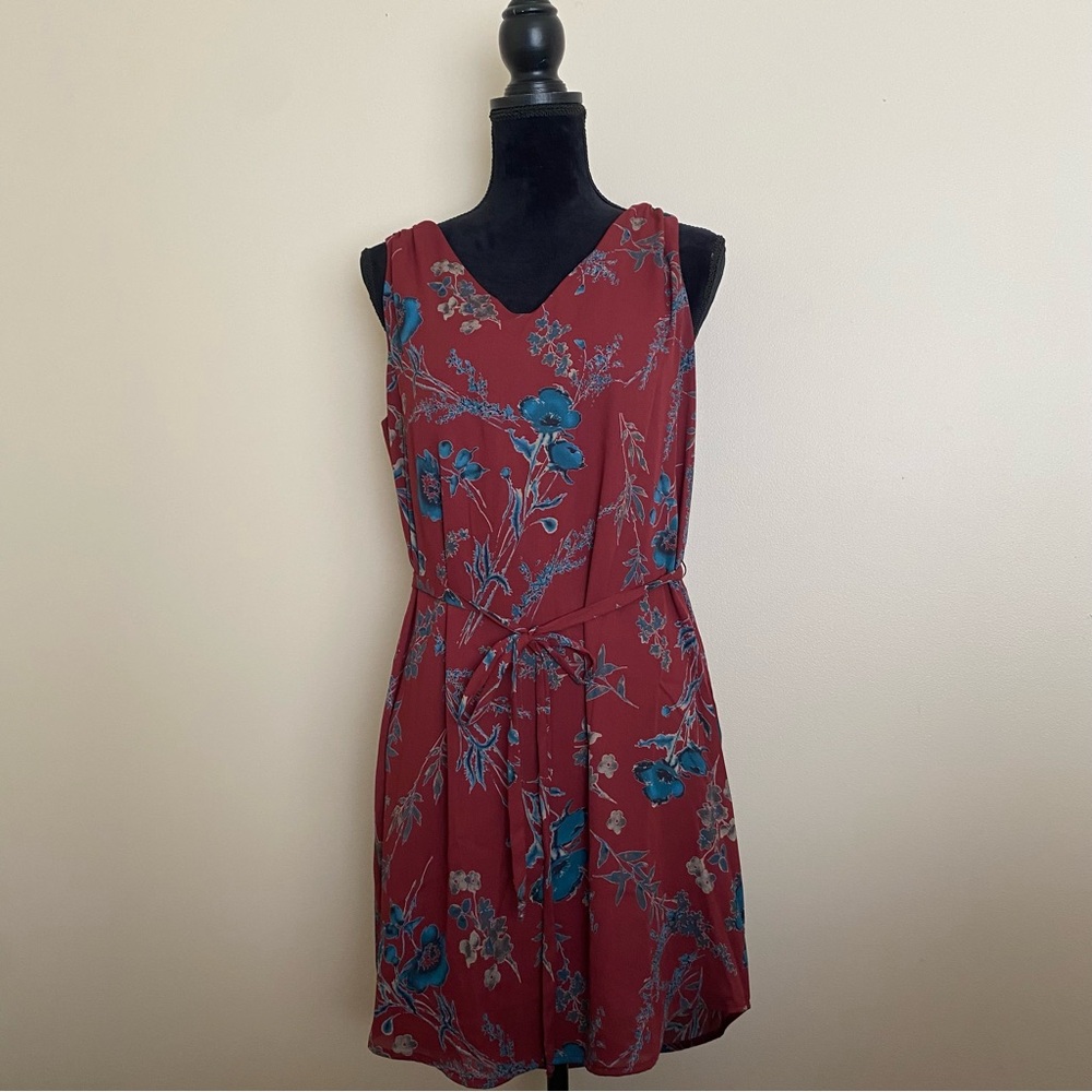Verse Women’s Dress Size M, Teal floral on Burgundy sleeveless, lined